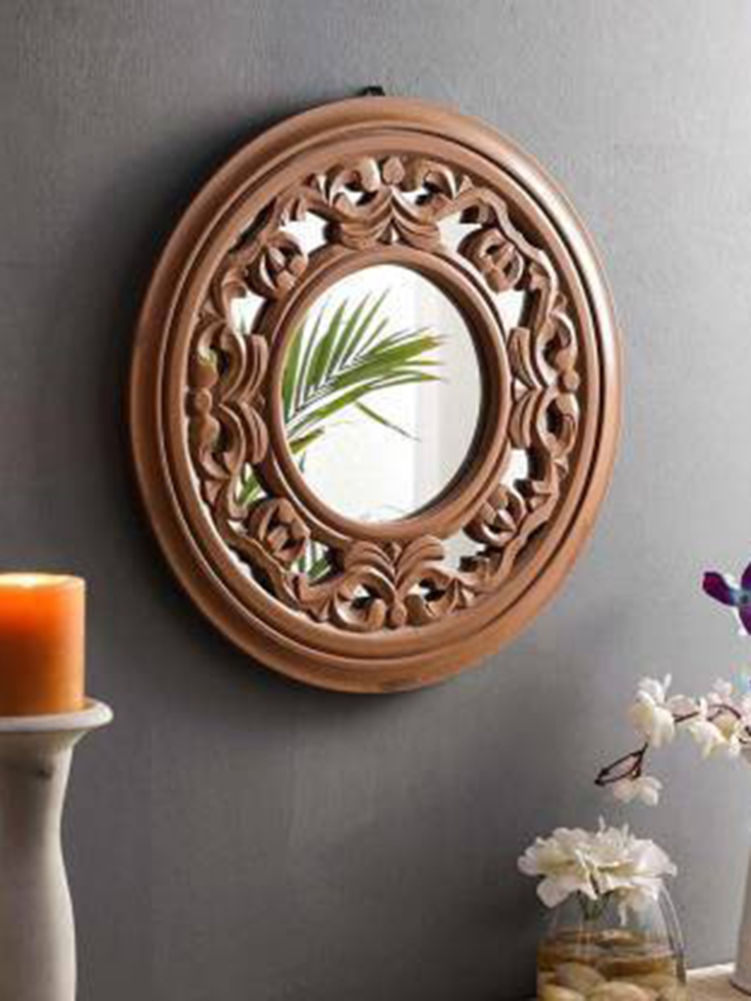 

VAS collection home Brown Floral Patterned Wooden Wall Mirror