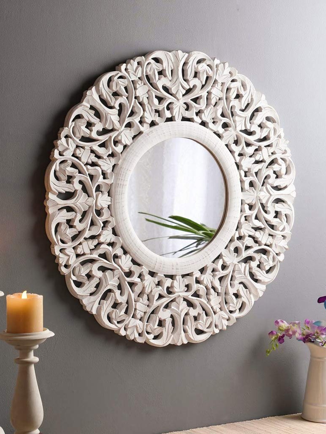 

VAS collection home Floral Patterned Wooden Wall Mirror, White
