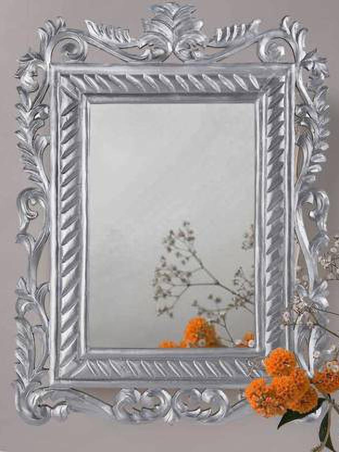 

VAS collection home Floral Patterned Wooden Wall Mirror, Silver