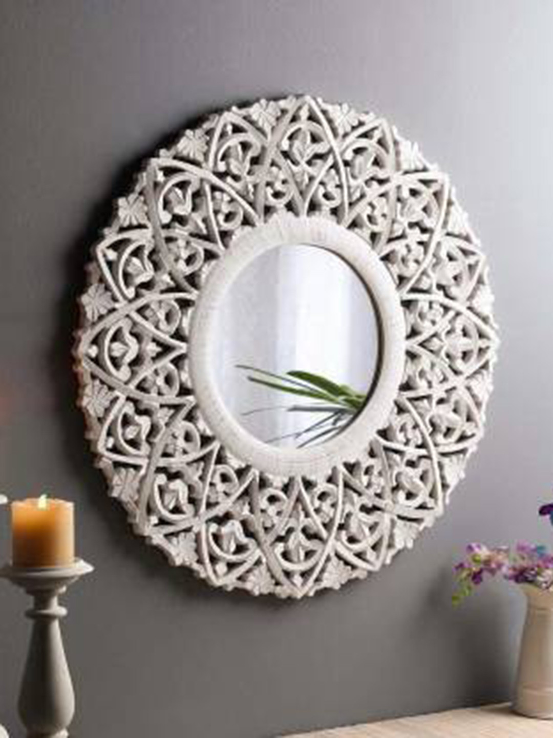 

VAS collection home White Floral Patterned Wooden Wall Mirror