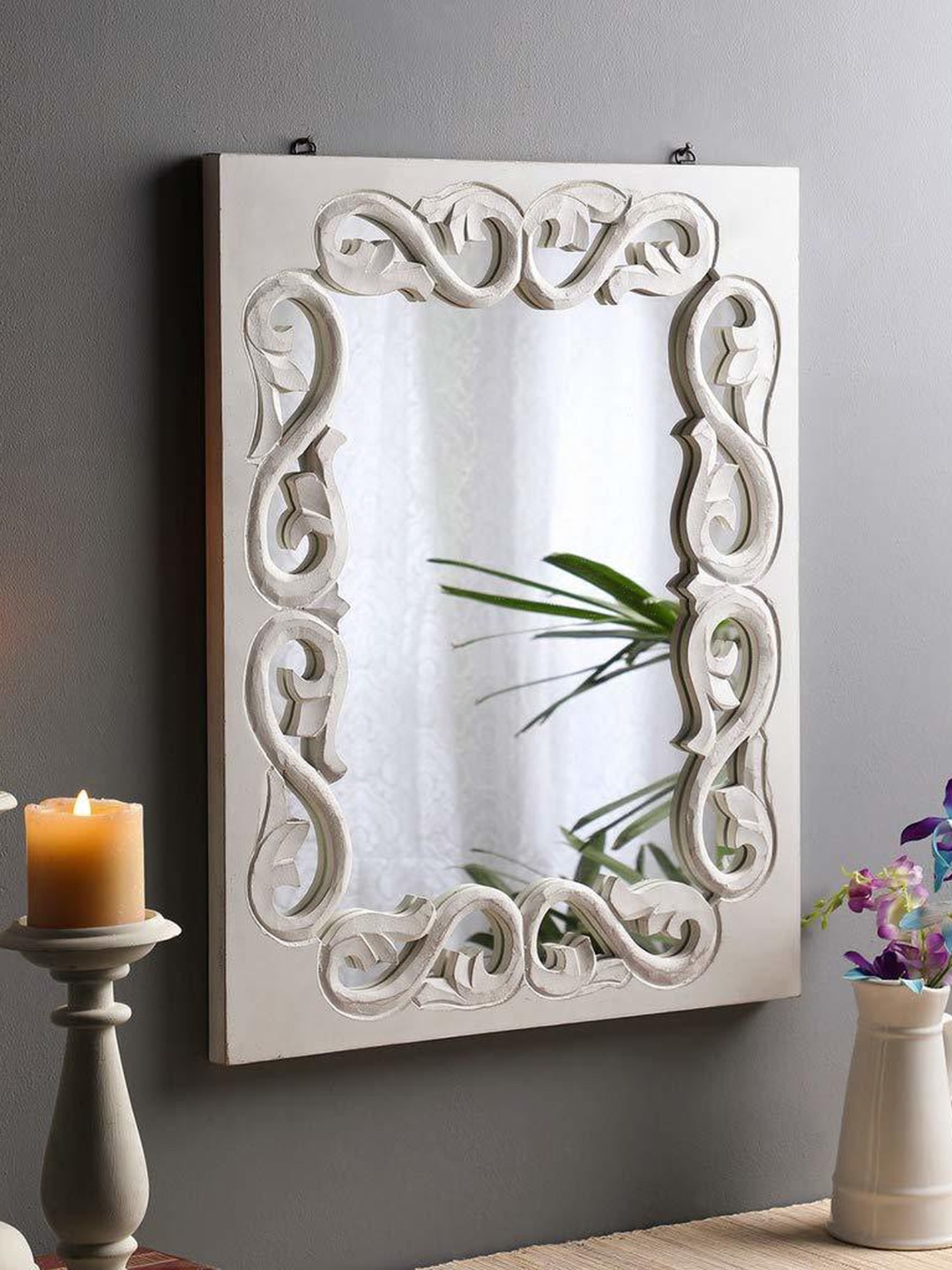 

VAS collection home White Floral Patterned Wooden Wall Mirror