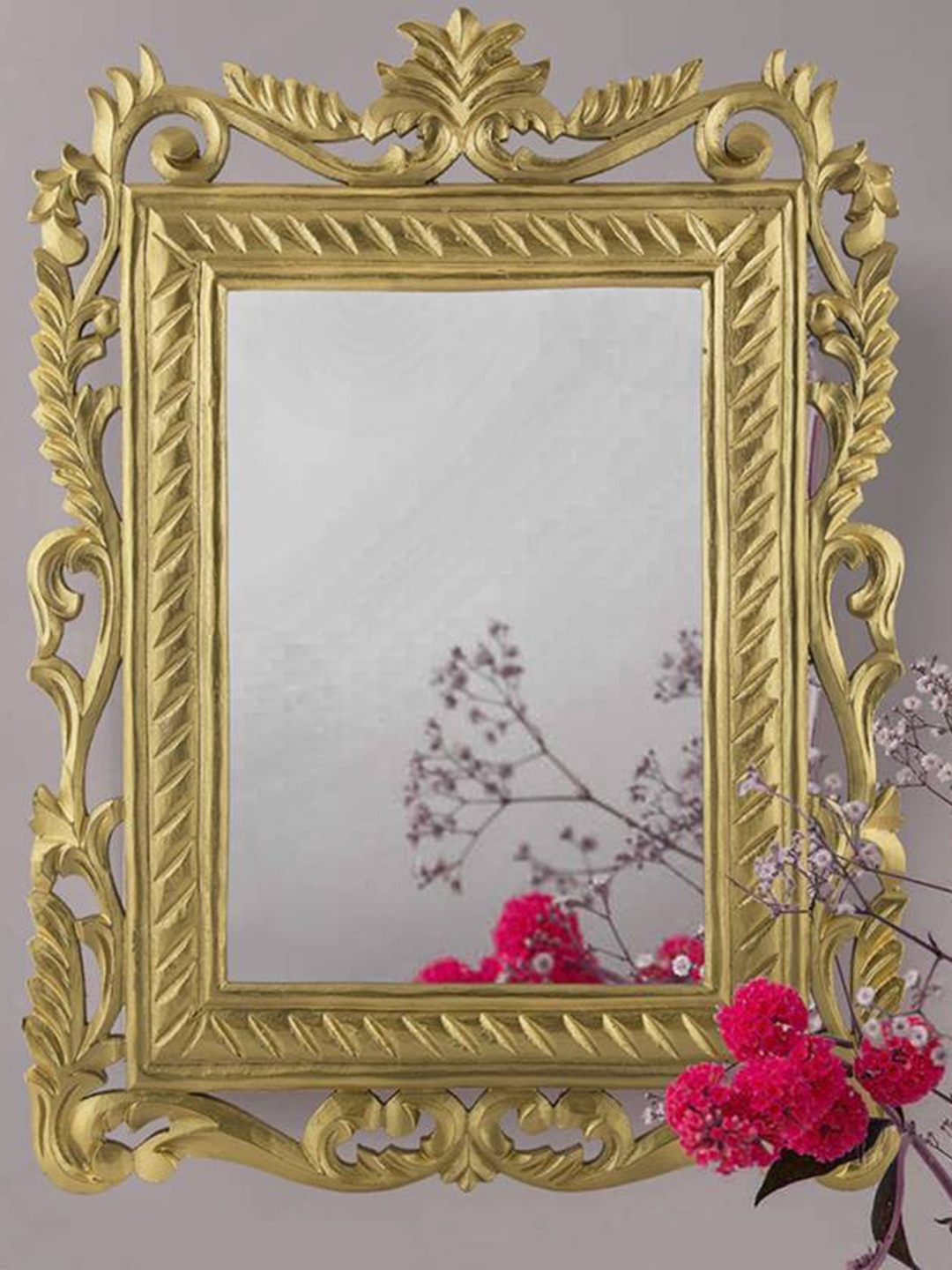 

VAS collection home Self Design Wooden Decotaive Frame Mirror, Gold