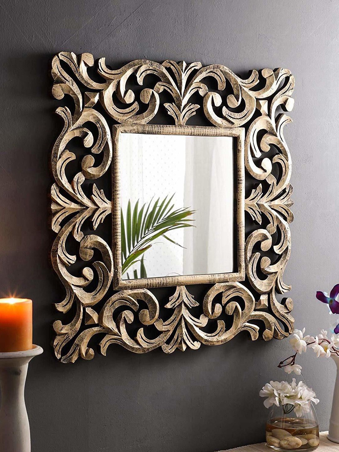 

VAS collection home Brown Floral Patterned Wooden Wall Mirror