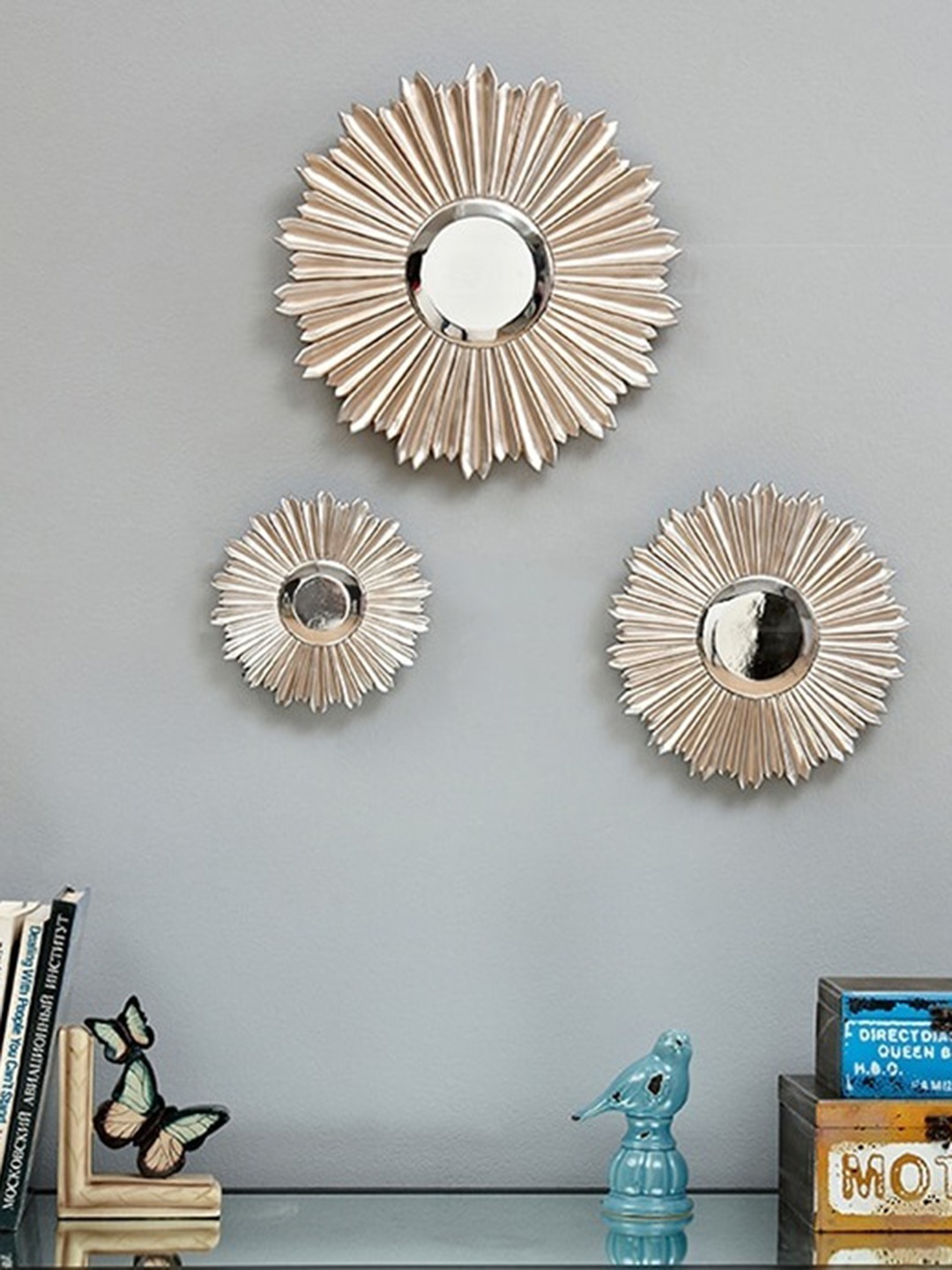 

VAS collection home 3 Pcs Self Design MDF Decotaive Frame Mirror, Gold