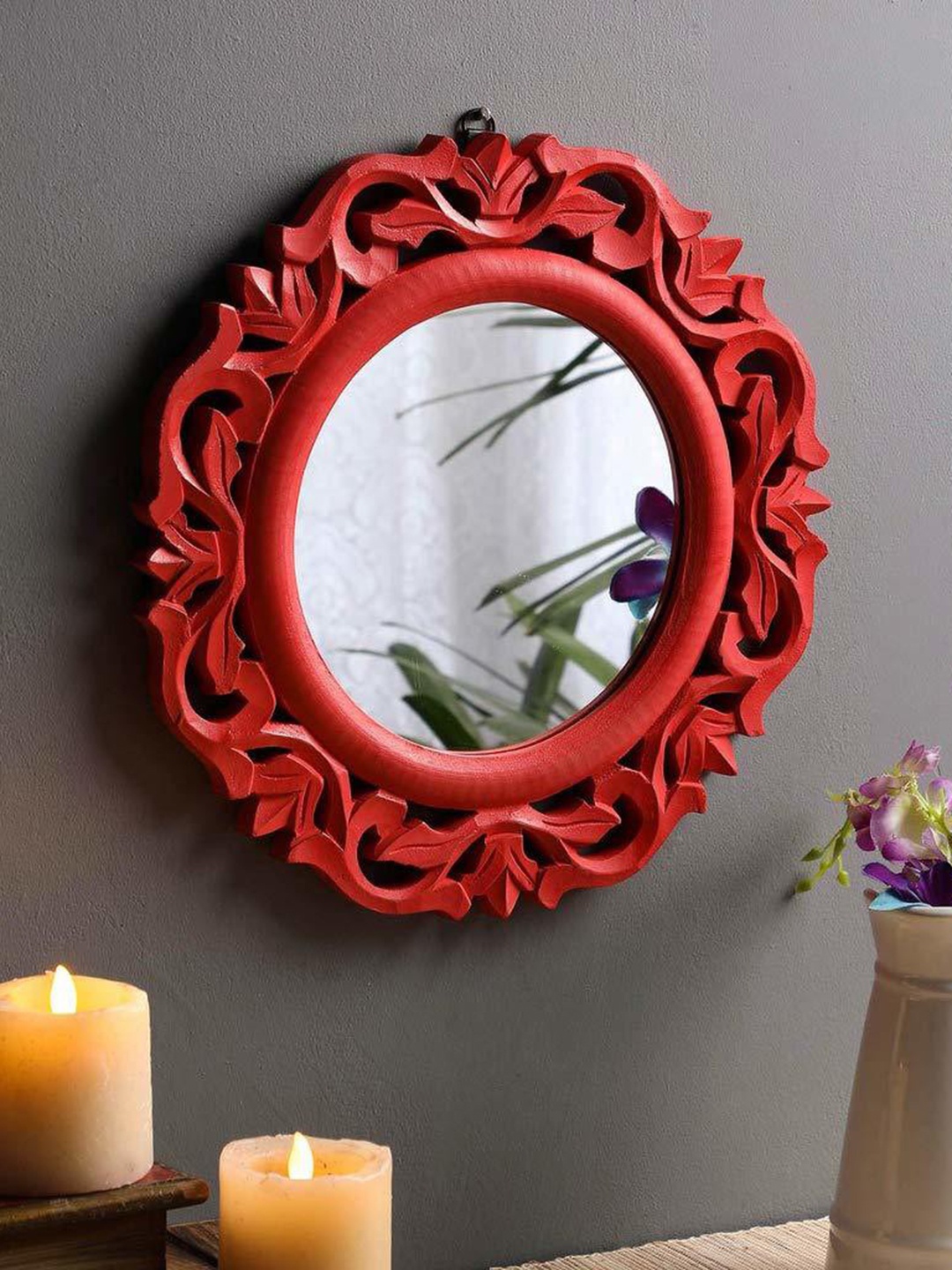 

VAS collection home Ethnic Motifs Textured Wooden Wall Mirrors, Red