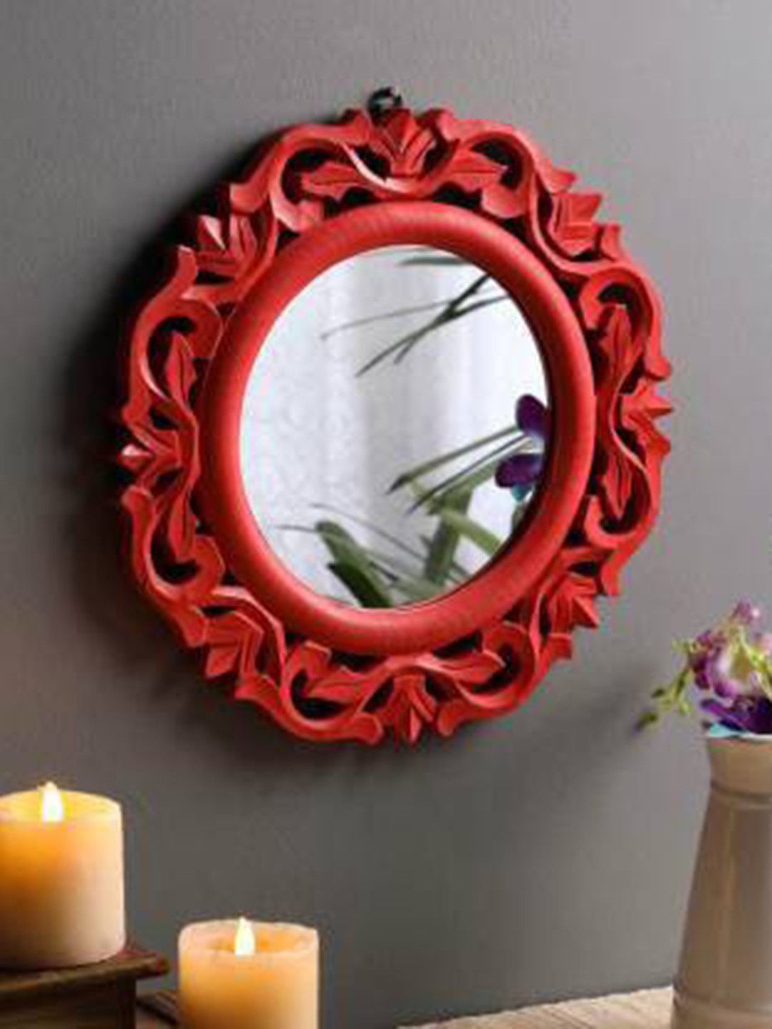 

VAS collection home Floral Patterned Wooden Wall Mirror, Red