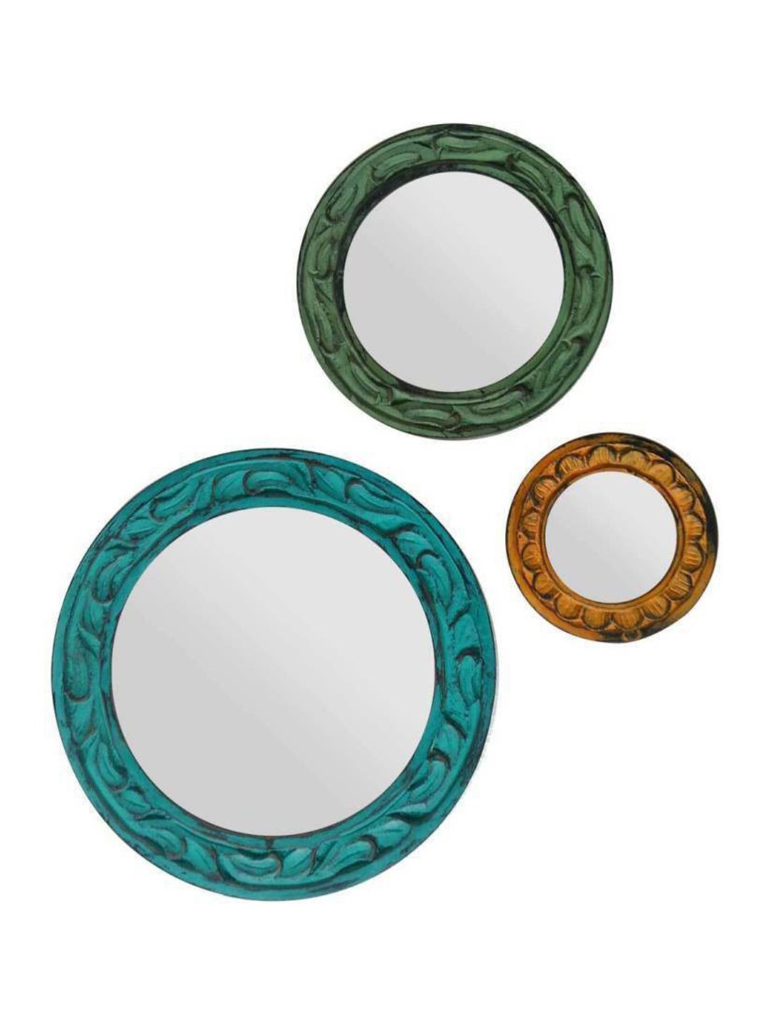 

VAS collection home Set Of 3 Teal Blue, Green & Orange Colourblocked Textured Round Mirror