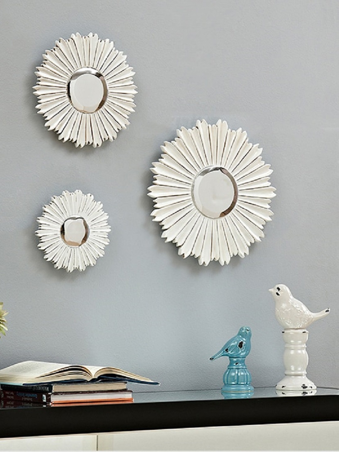 

VAS collection home 3-Pcs White Floral Patterned Wooden Wall Mirror