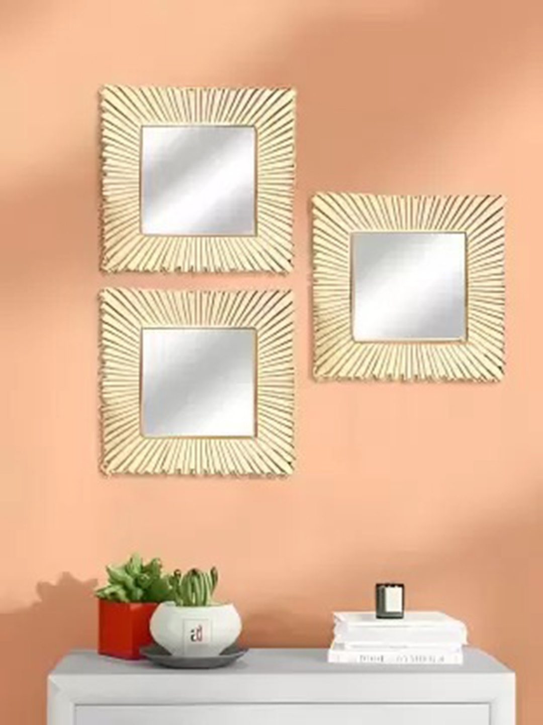 

VAS collection home Ethnic Motifs 3 Pcs Peach Textured Wooden Wall Mirrors, Gold