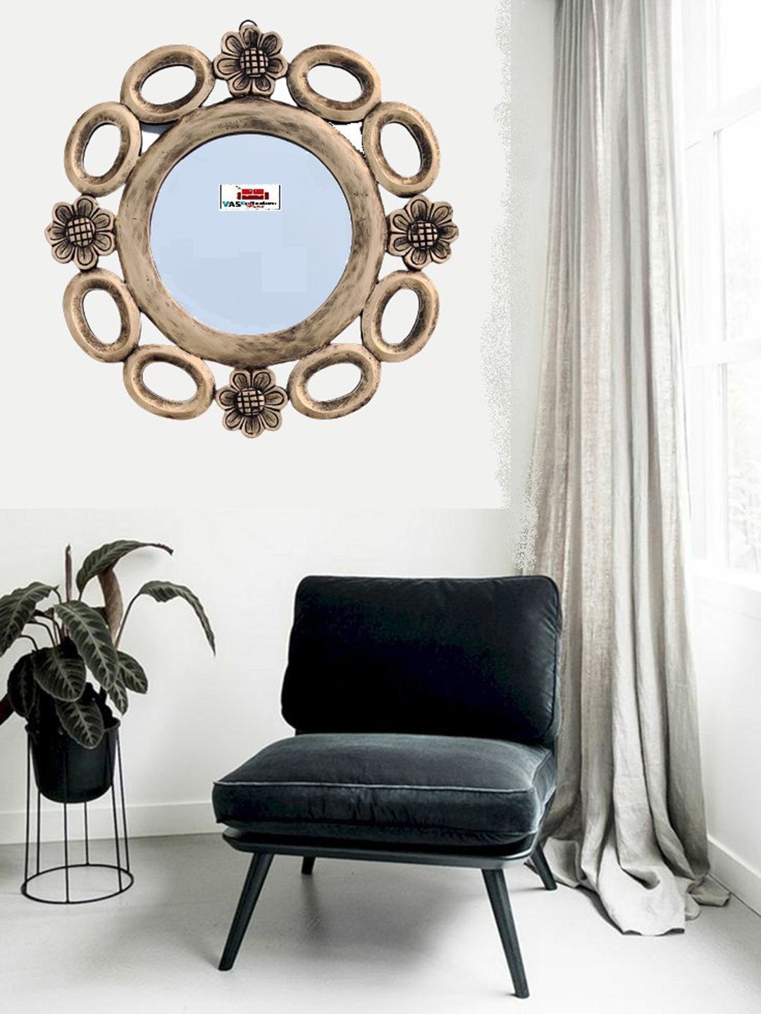 

VAS collection home Textured Wood Round Wall Mirror, Gold