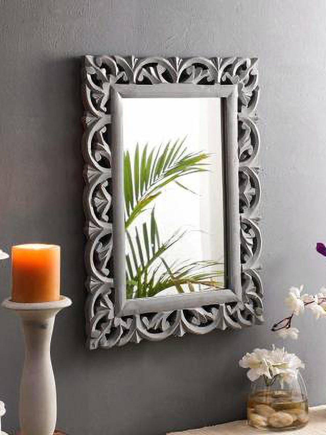 

VAS collection home Ethnic Motifs Textured Wooden Wall Mirrors, Silver