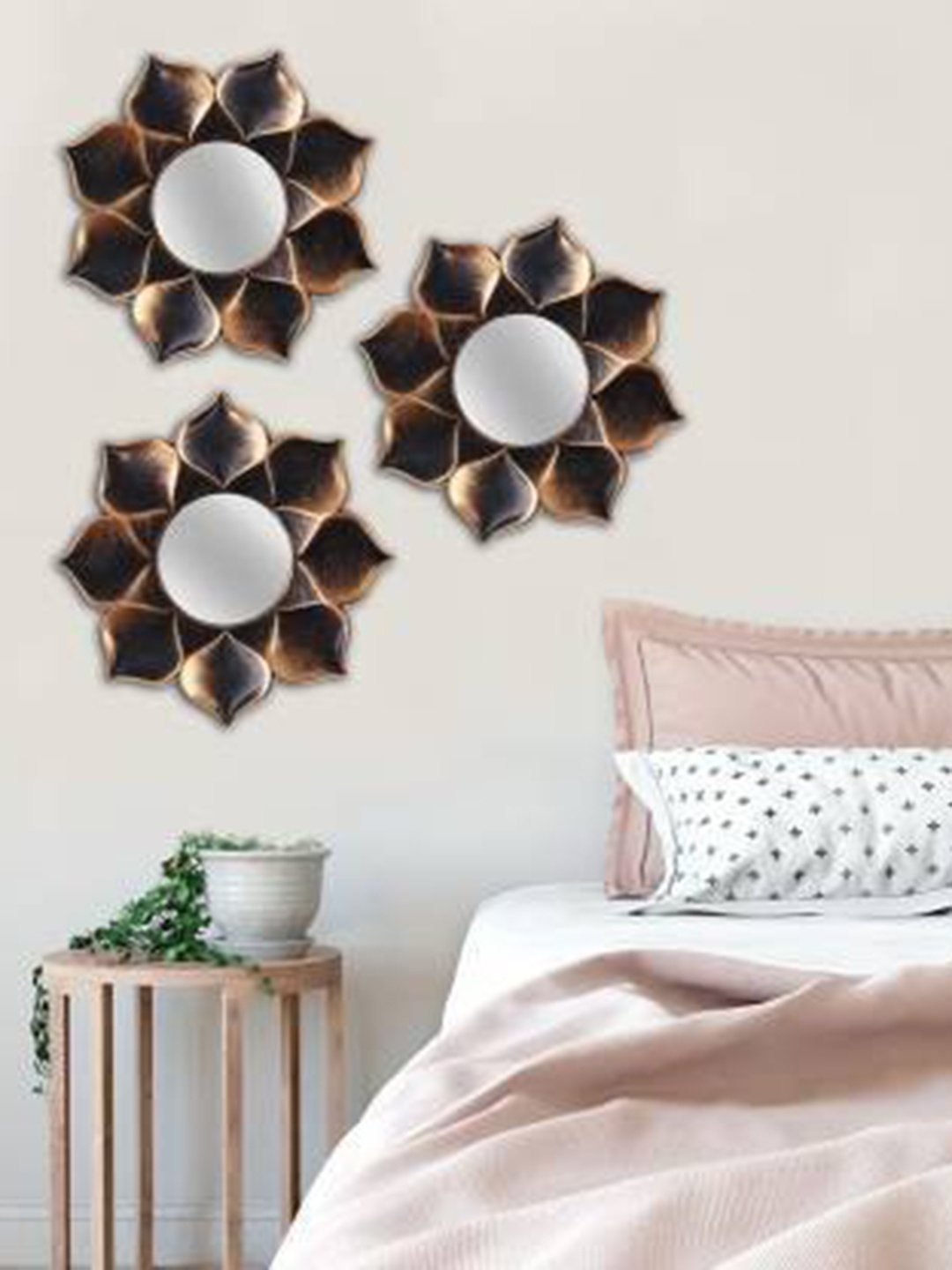 

VAS collection home Pack Of 3 Floral Patterned Wooden Wall Mirror, Brown