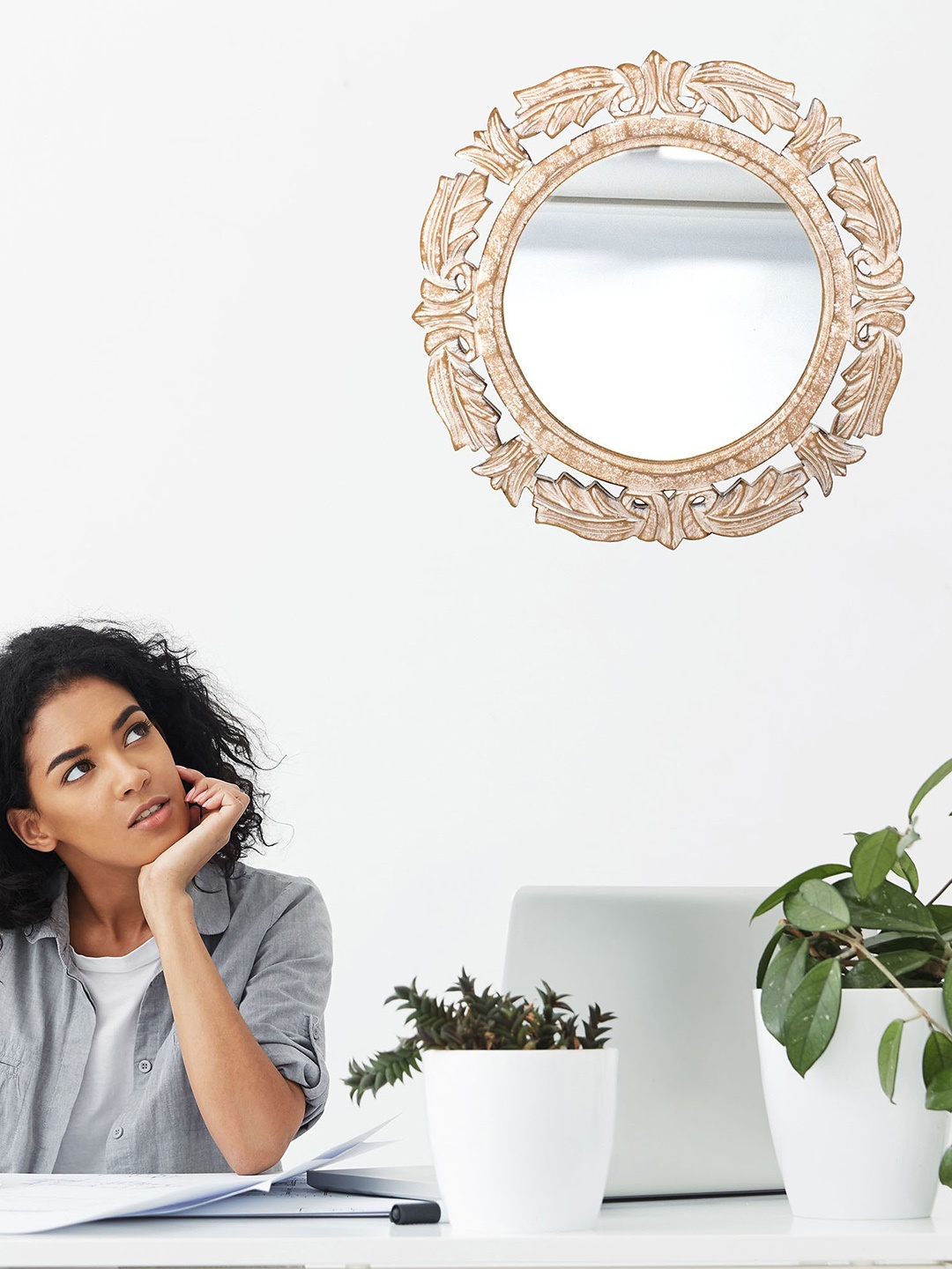 

VAS collection home Brown & White Wooden Mirror Frame, Gold