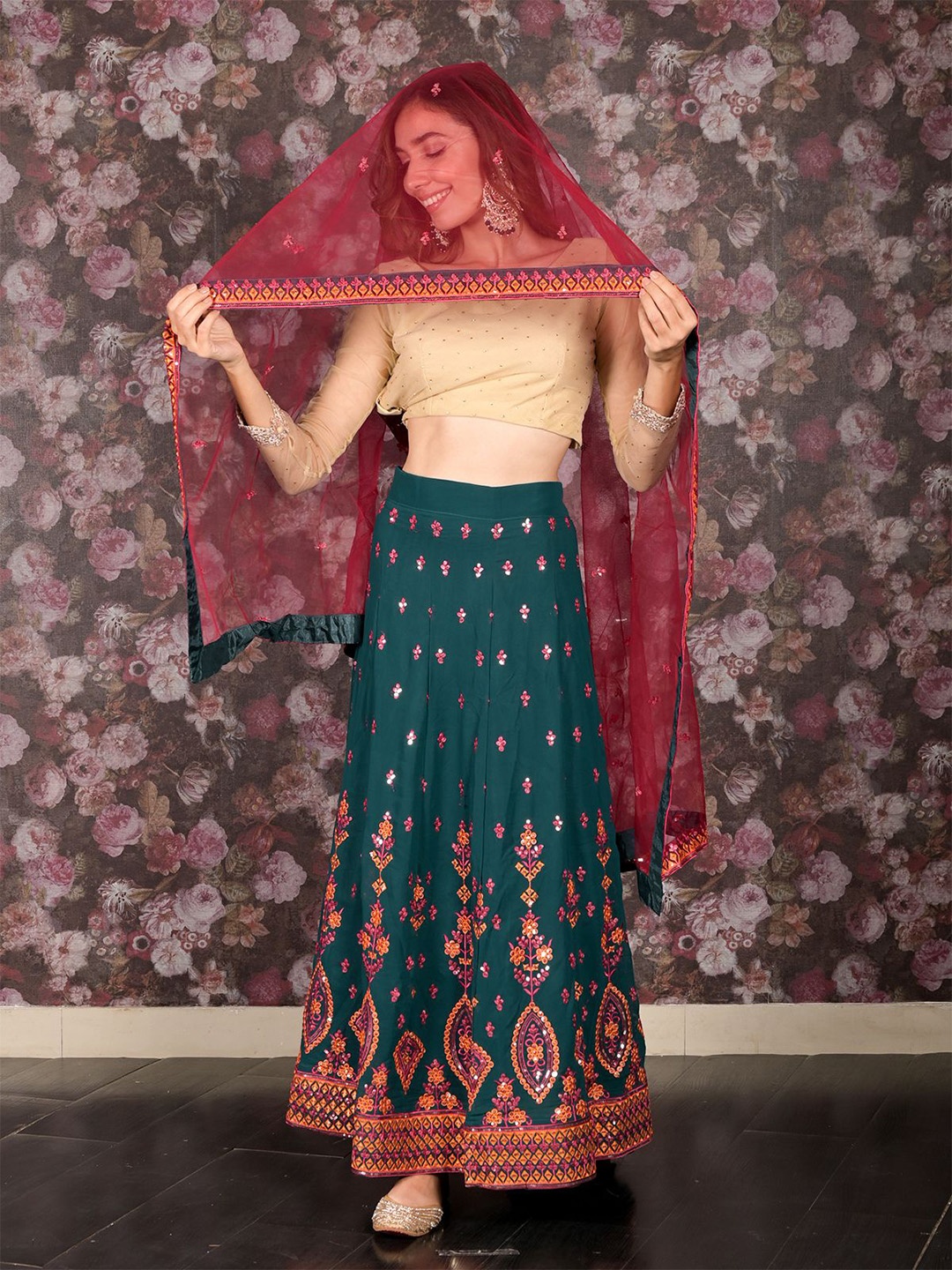 

ODETTE Embroidered Sequinned Semi-Stitched Lehenga & Unstitched Blouse With Dupatta, Green