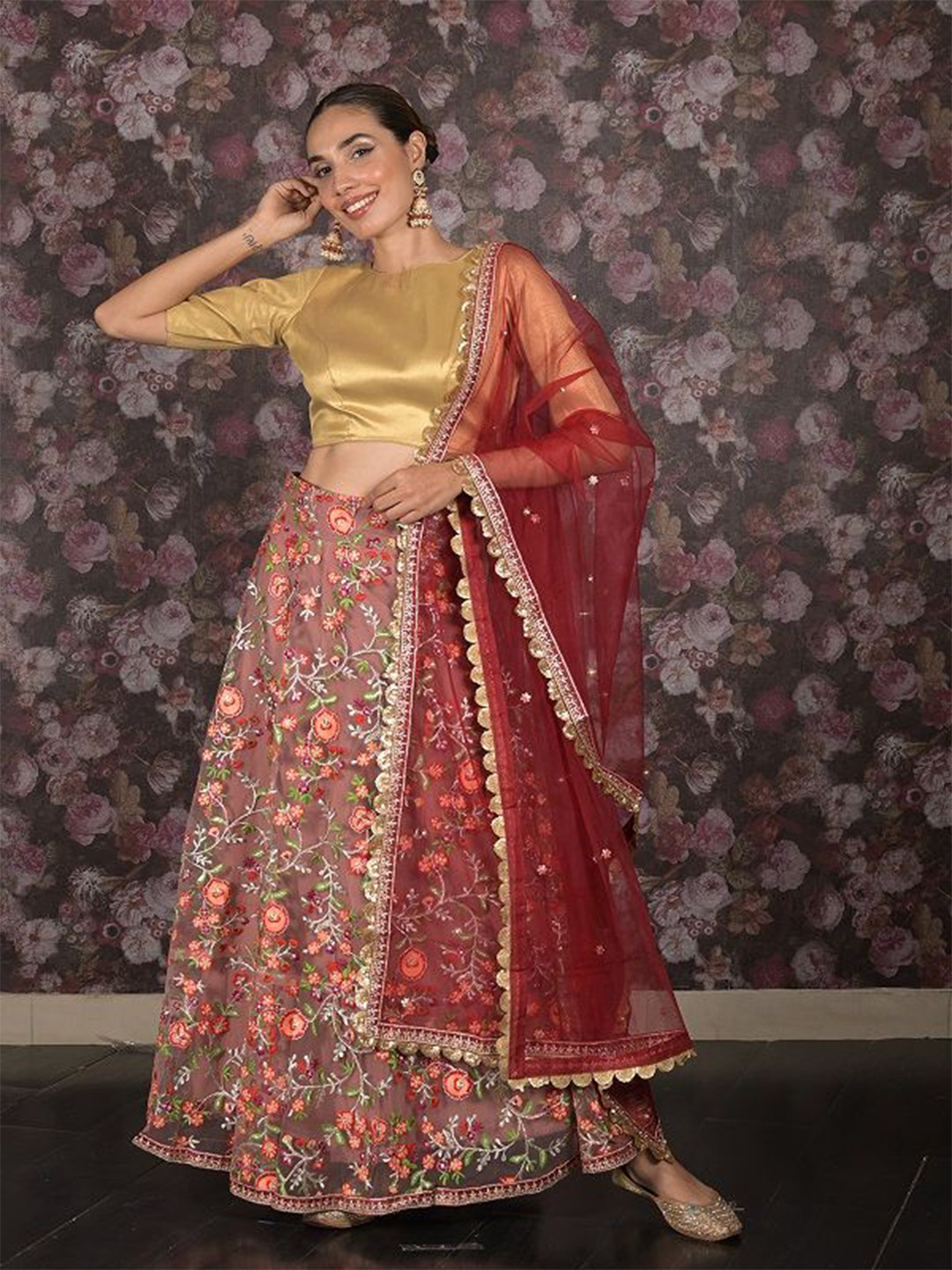 

ODETTE Embroidered Sequinned Semi-Stitched Lehenga & Unstitched Blouse With Dupatta, Mauve