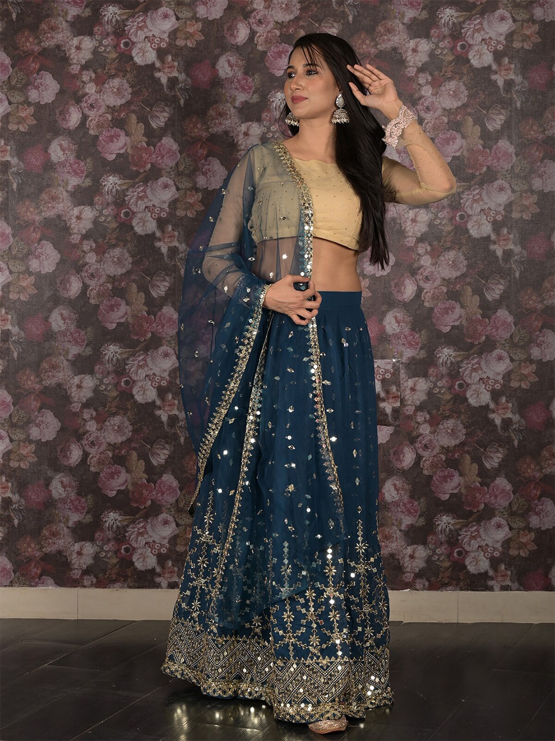 

ODETTE Embroidered Sequinned Semi-Stitched Lehenga & Unstitched Blouse With Dupatta, Teal