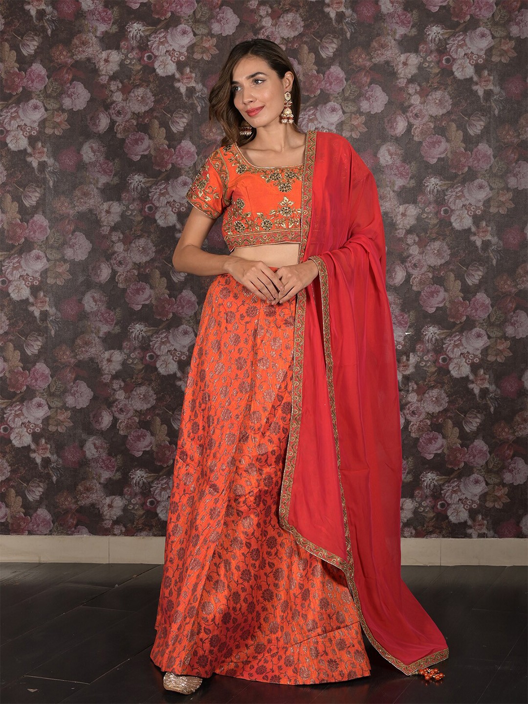

ODETTE Embroidered Ready to Wear Lehenga & Blouse With Dupatta, Orange