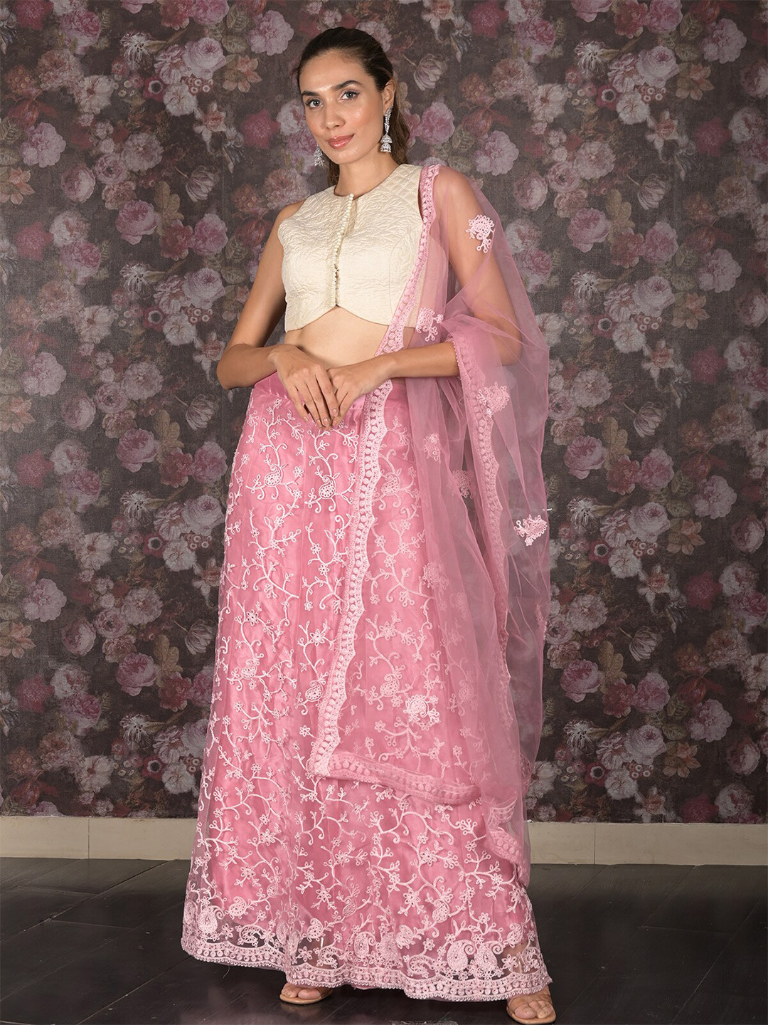 

ODETTE Embroidered Thread Work Semi-Stitched Lehenga & Unstitched Blouse With Dupatta, Purple