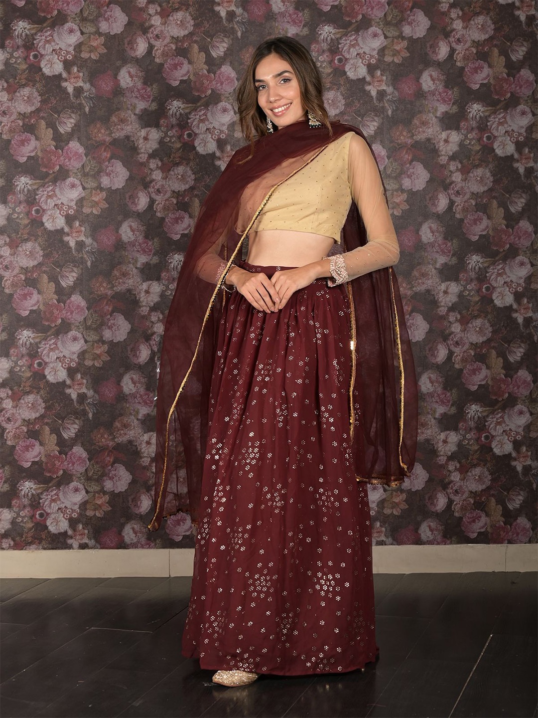 

ODETTE Embellished Sequinned Semi-Stitched Lehenga & Unstitched Blouse With Dupatta, Brown