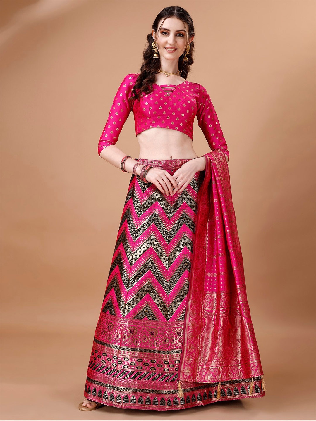 

LeeliPeeri Designer Foil Print Semi-Stitched Lehenga Unstitched Blouse With Dupatta, Pink