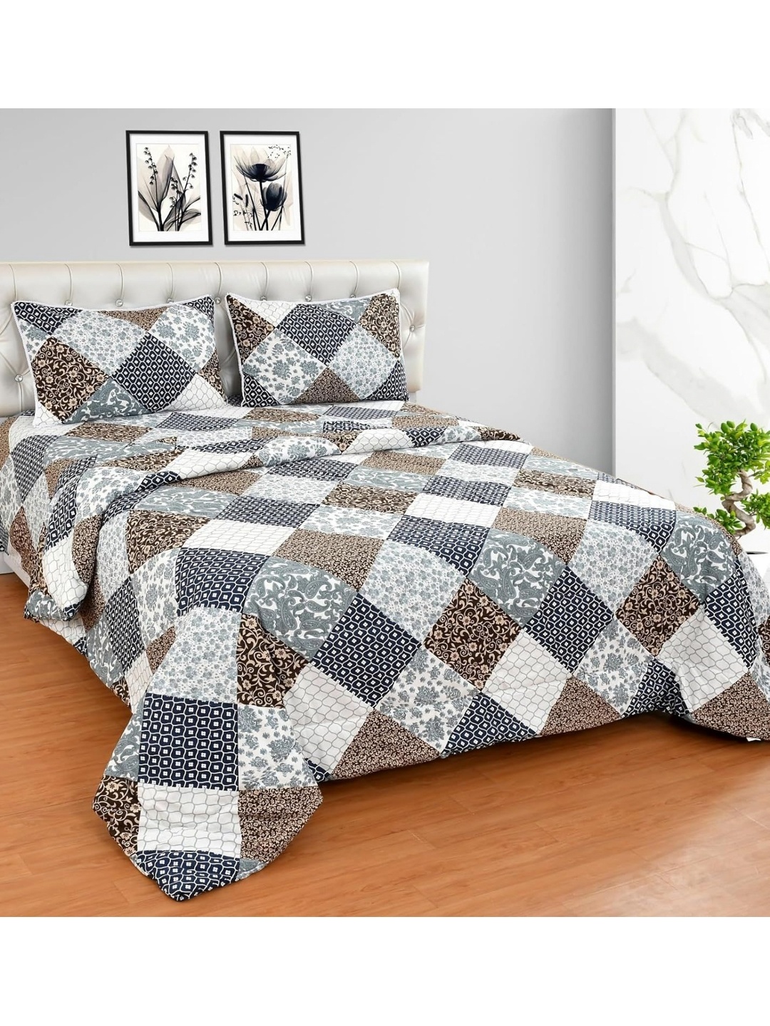 

Nivasam Grey & White Floral Cotton 4 Piece Double King Superfine Bedding Set