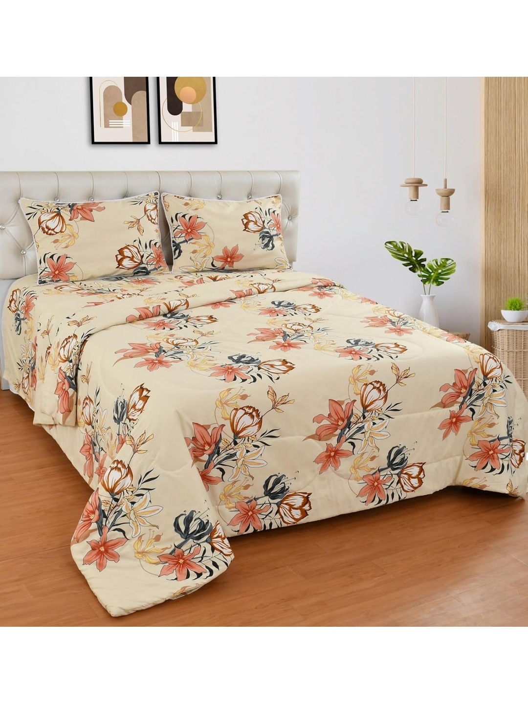 

Nivasam Cream-Coloured & Red Floral Cotton 4 Piece Double King Superfine Bedding Set