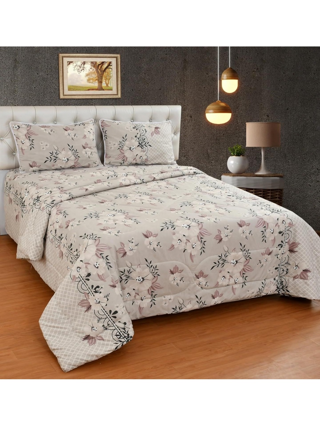 

Nivasam Off White & Green Floral Cotton 4 Piece Double King Superfine Bedding Set