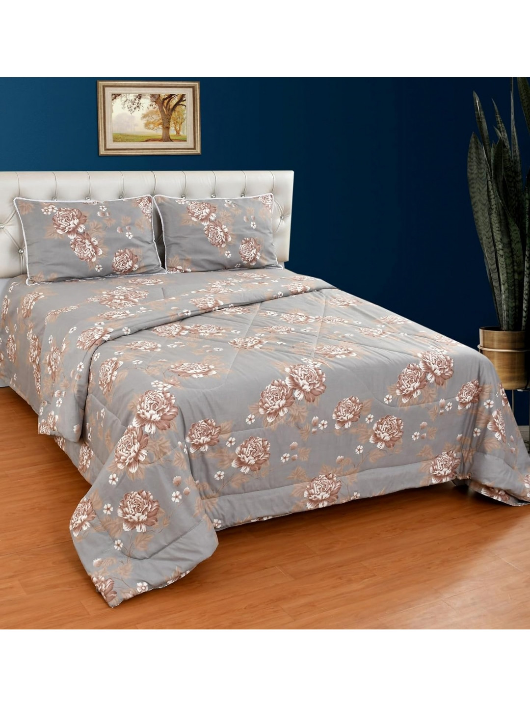 

Nivasam Grey & Brown Floral Cotton 4 Piece Double King Superfine Bedding Set