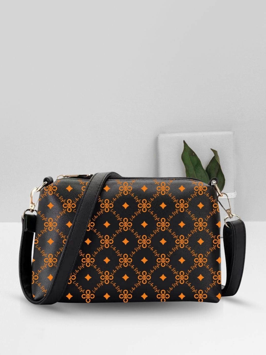 

LIKE STYLE Floral Printed PU Structured Sling Bag with Cut Work, Black