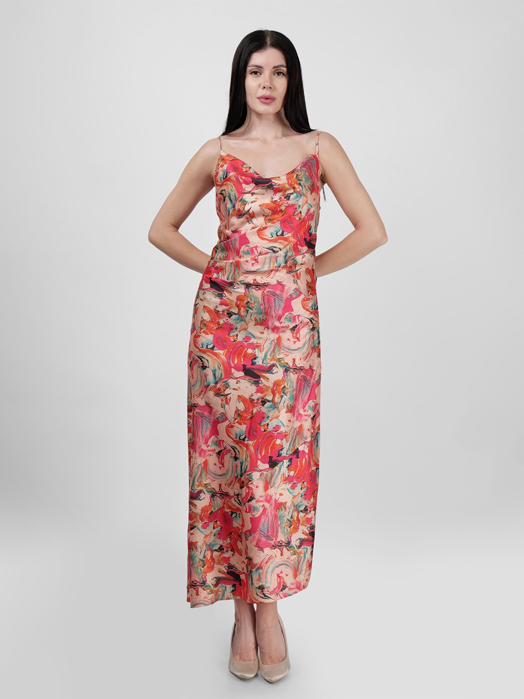 

DRIRO Women Floral Printed Satin Maxi Dress, Orange