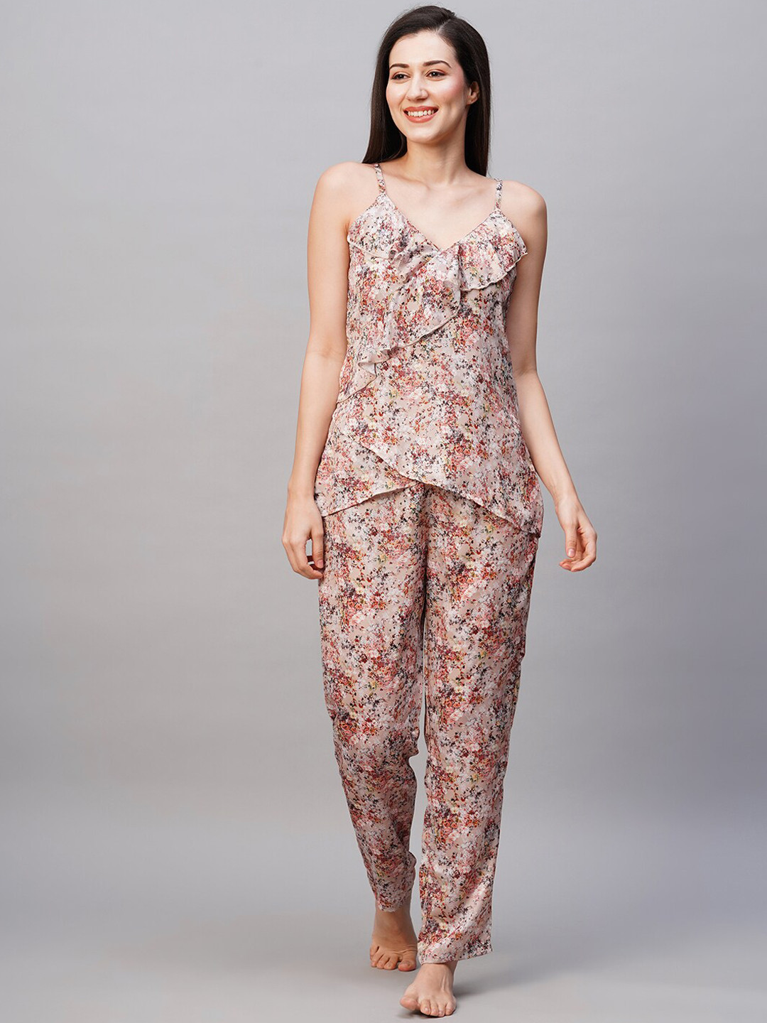 

DRAPE IN VOGUE Women Satin Floral Printed Night suit, Cream