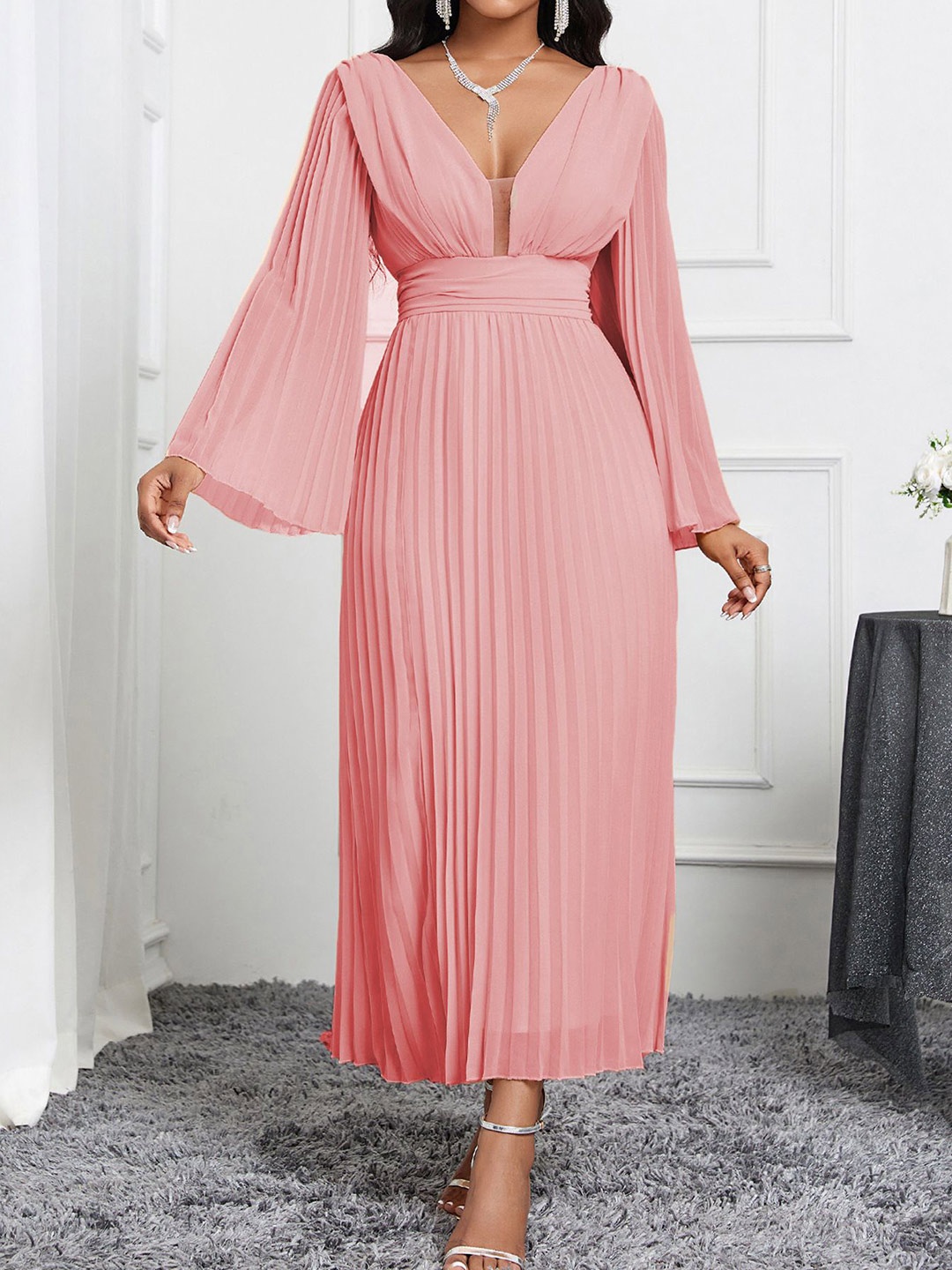 

bebe Women V-Neck Long Flared Sleeves Maxi Dress, Pink