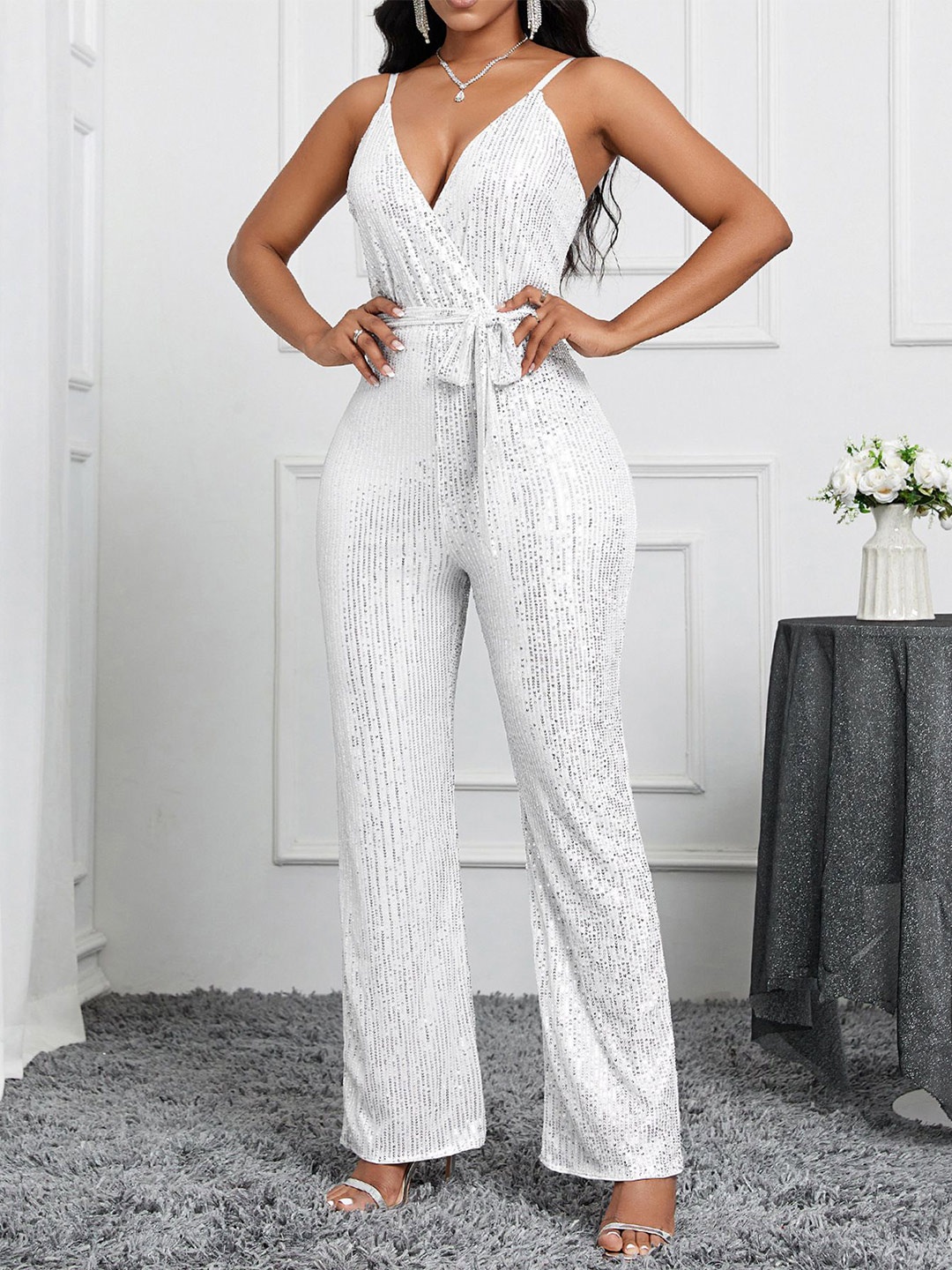 

bebe Women Sequinned Self Design shoulder strap Jumpsuit, White