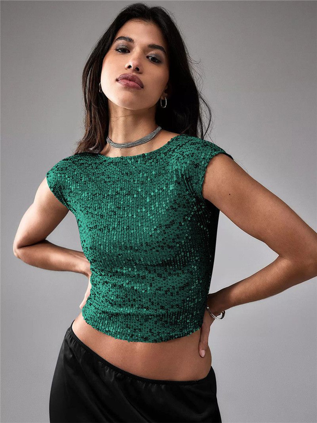 

bebe Round Neck Embellished Crop Top, Green