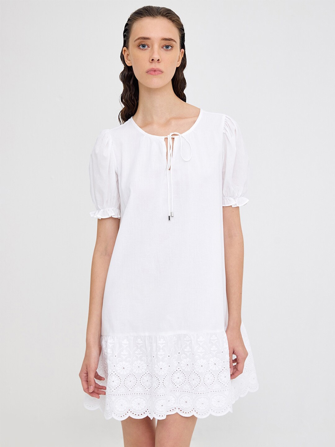 

COVER STORY Tie-Up Neck Puff Sleeve A-Line Schiffli Dress, White