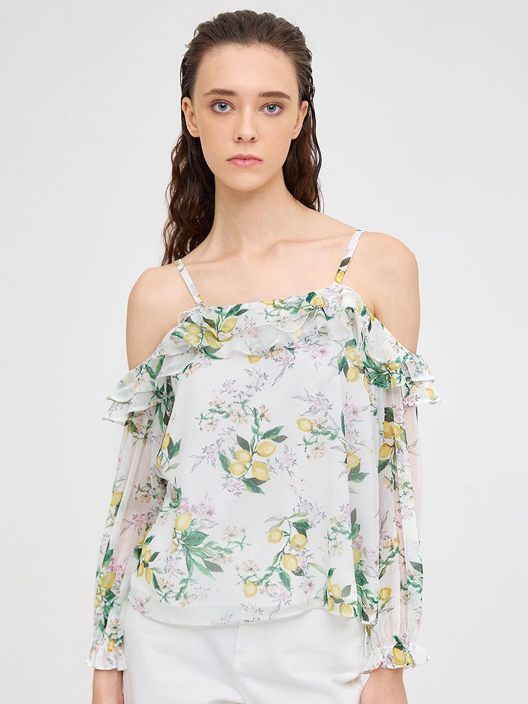 

COVER STORY Floral Printed Shoulder Straps Chiffon Top, White