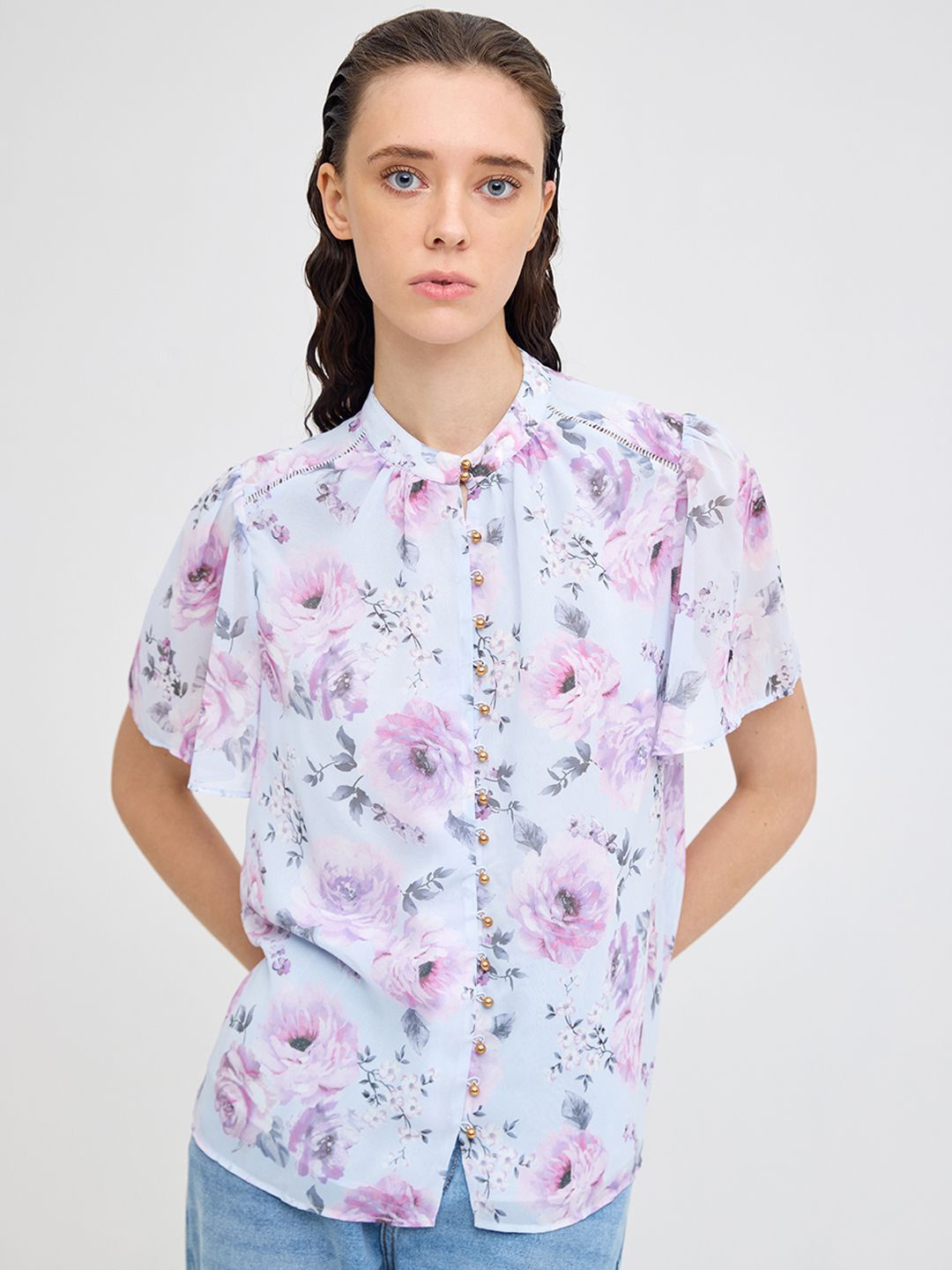 

COVER STORY Floral Printed Keyhole Neck Shirt Style Top, Blue