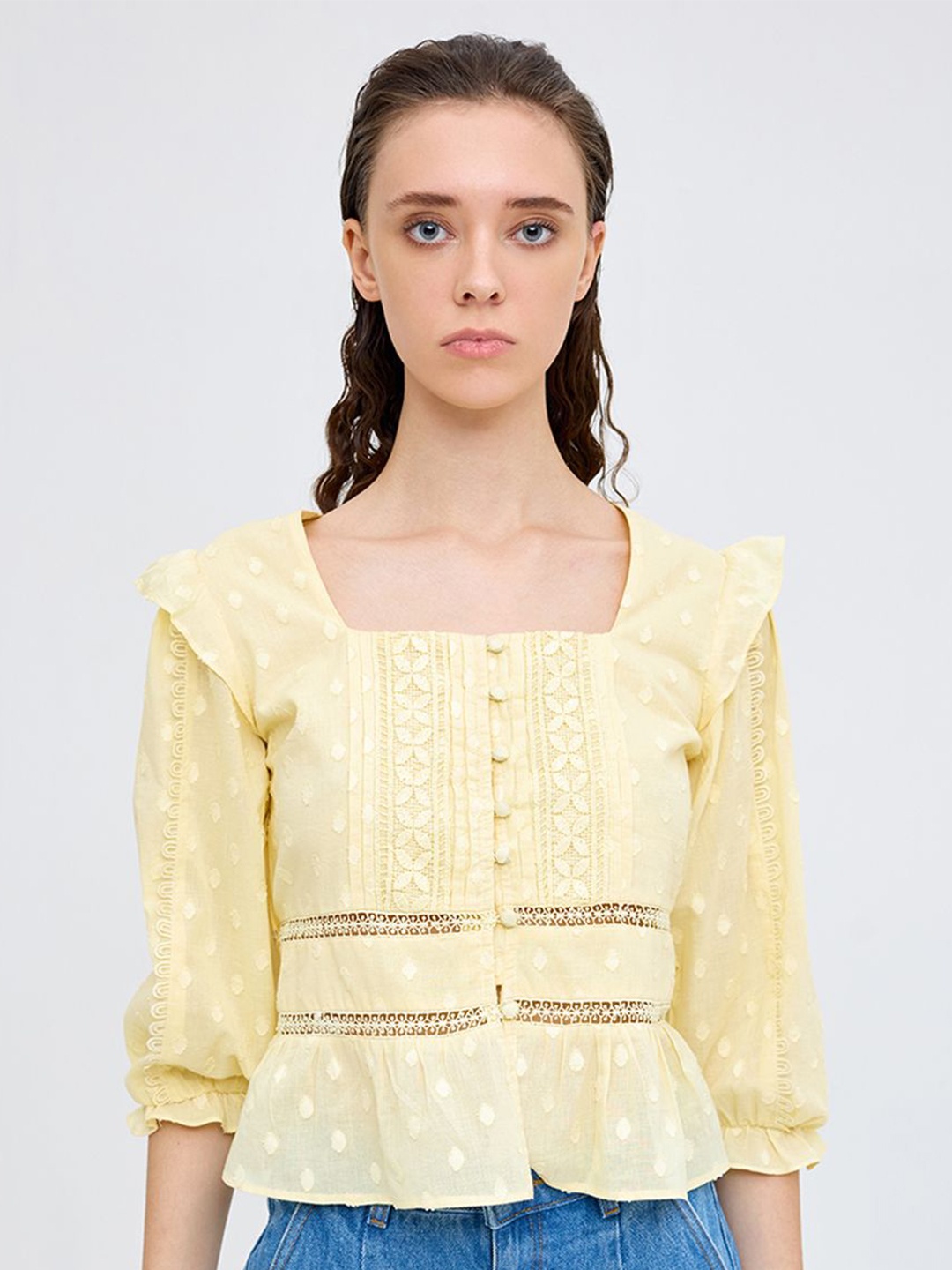 

COVER STORY Square Neck Cotton Cinched Waist Top, Yellow
