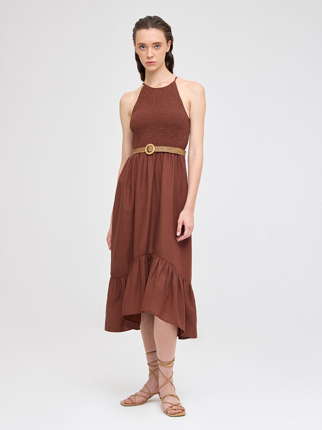 

COVER STORY Women Halter Neck Fit & Flare Midi Dress, Brown