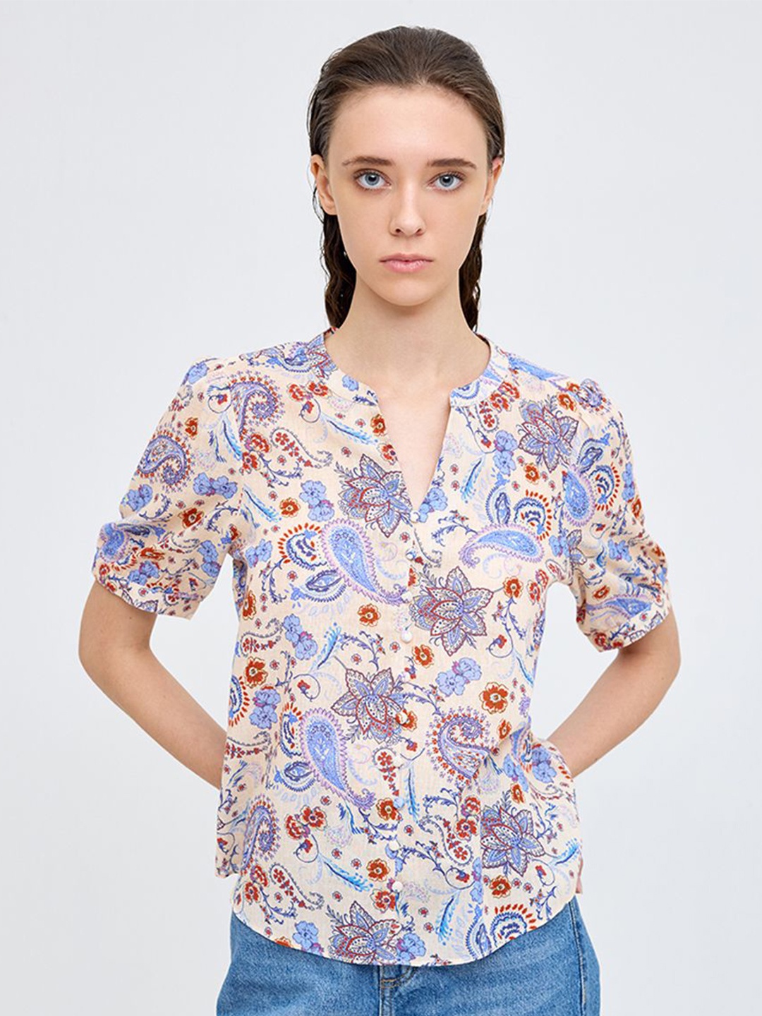 

COVER STORY Mandarin Collar Floral Print Cotton Shirt Style Top, Off white