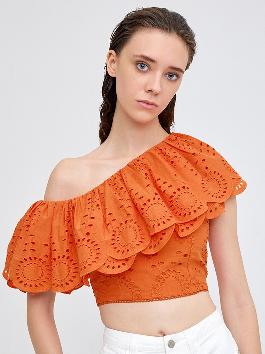 

COVER STORY Self Design One Shoulder Schiffli Crop Top, Orange
