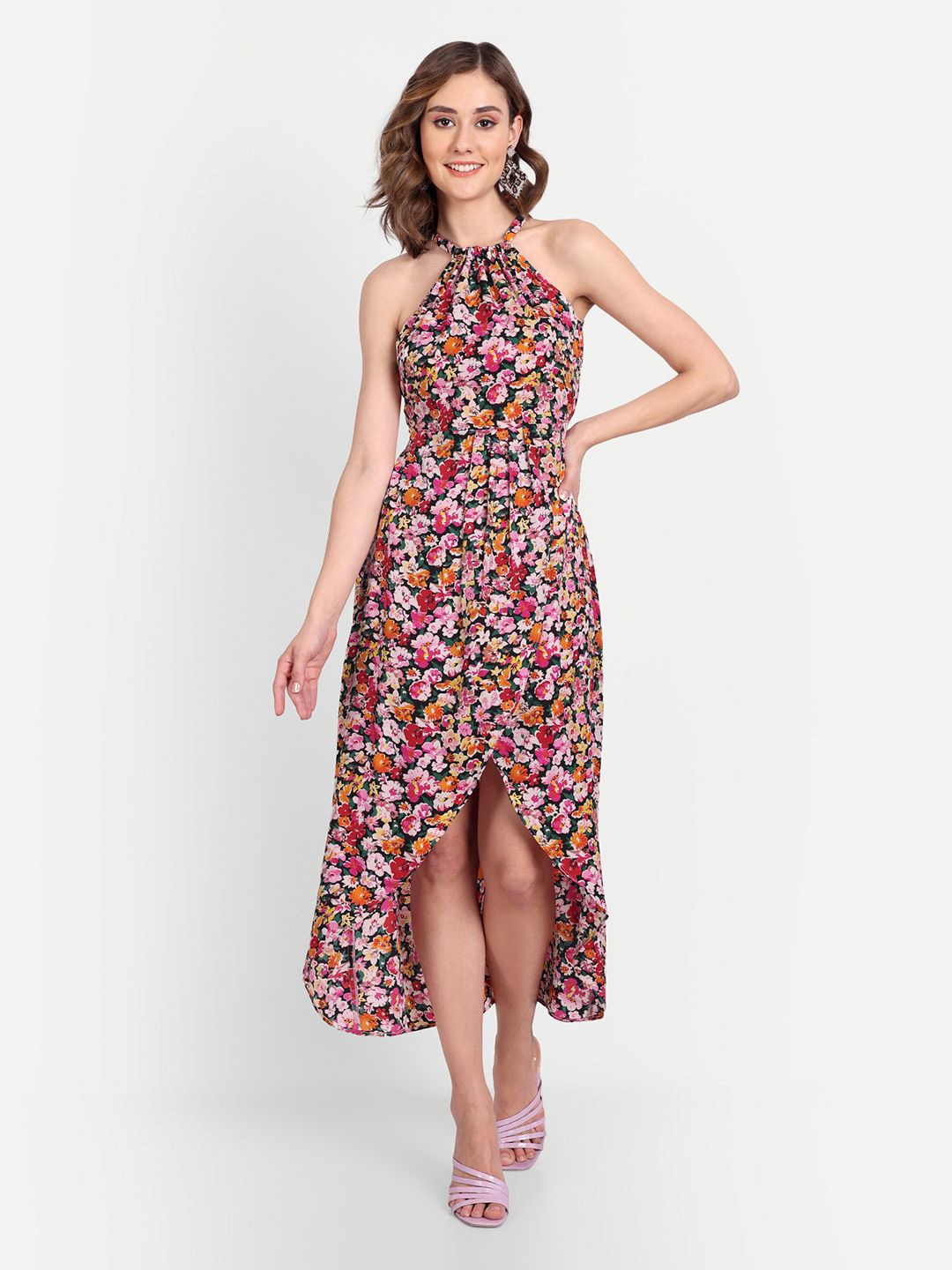 

ESSQUE Floral Print Halter Neck Crepe A-Line Midi Dress, Multi