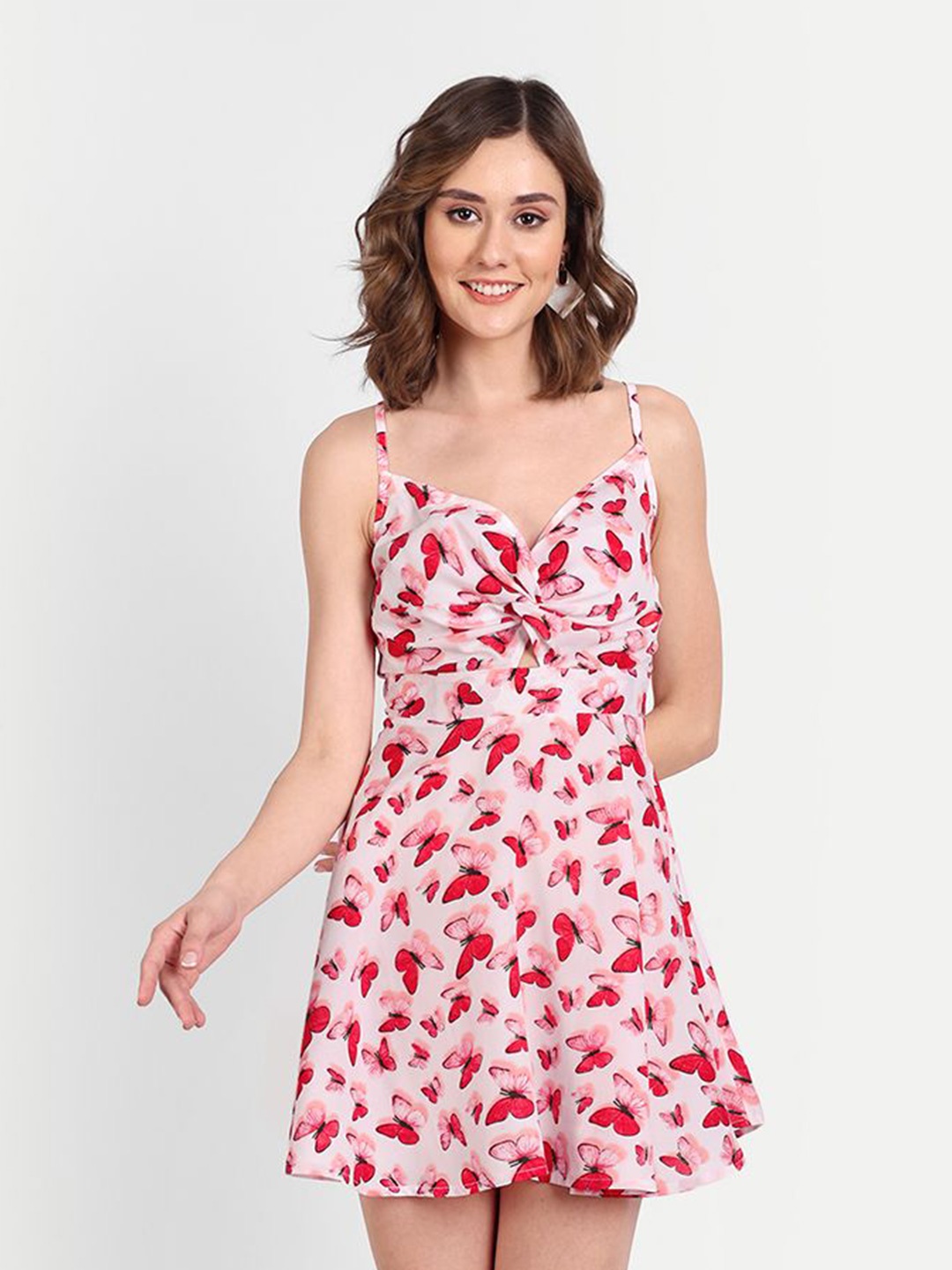 

ESSQUE Women Floral Print Crepe Fit & Flare Mini Dress, Pink