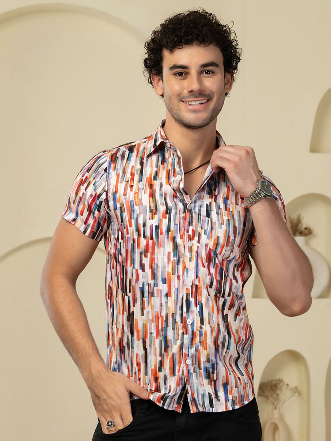 

BAESD Men Standard Opaque Printed Casual Shirt, Beige