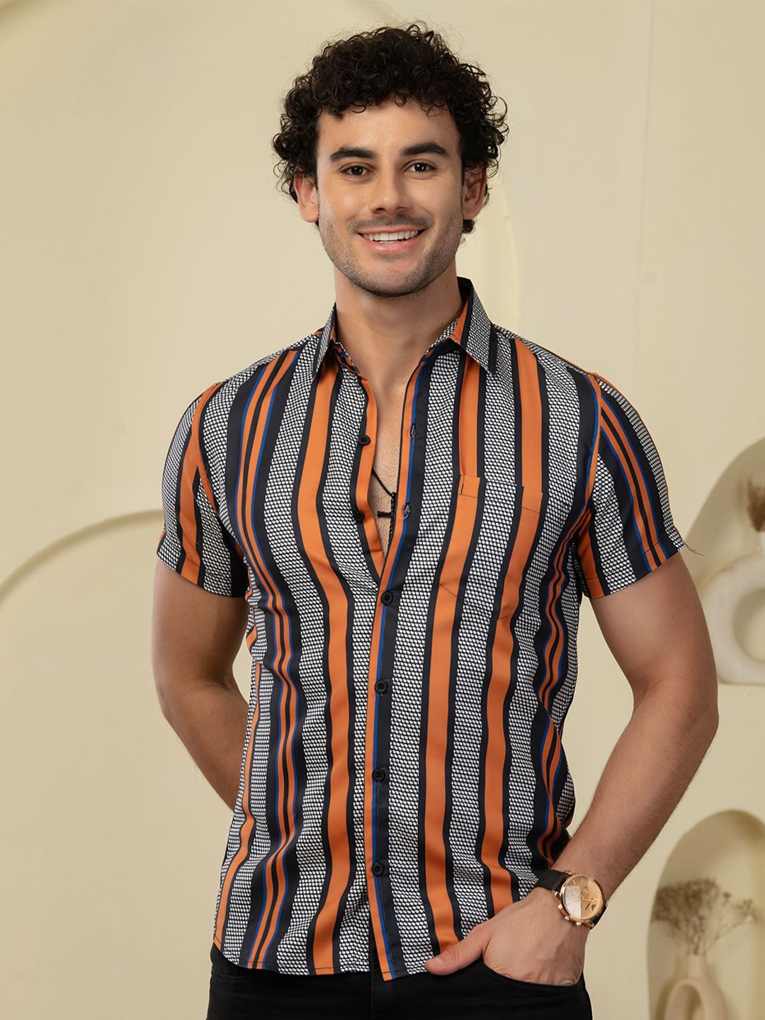 

BAESD Men Standard Opaque Striped Casual Shirt, Orange