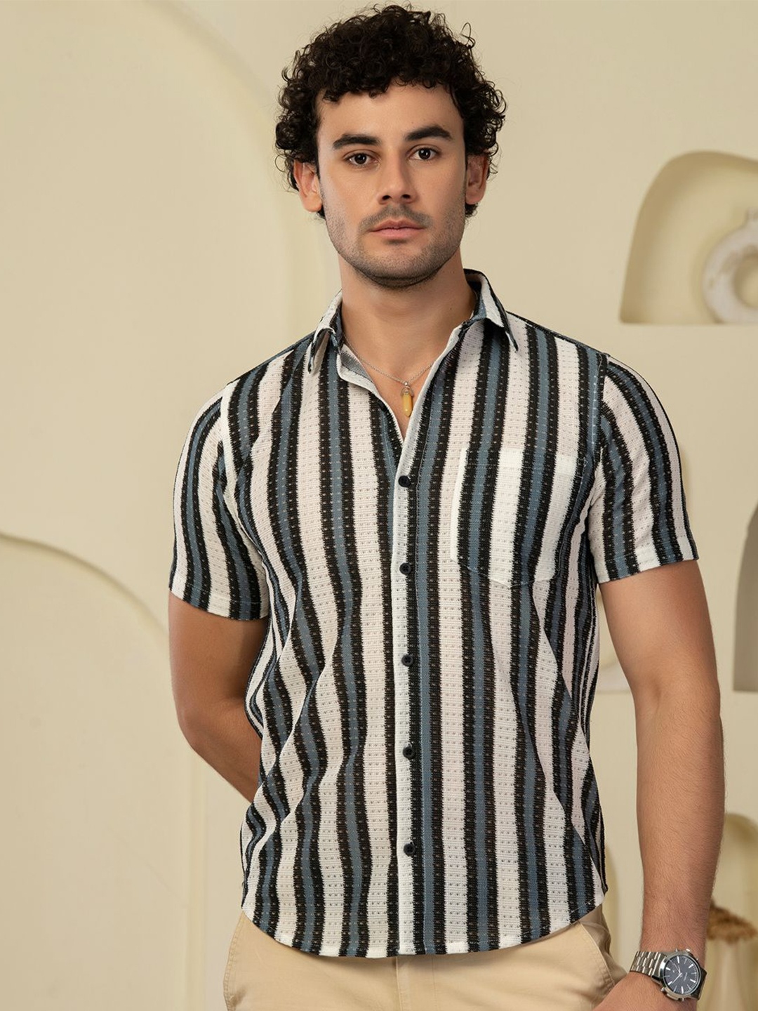 

BAESD Men Regular Fit Standard Opaque Striped Casual Shirt, White
