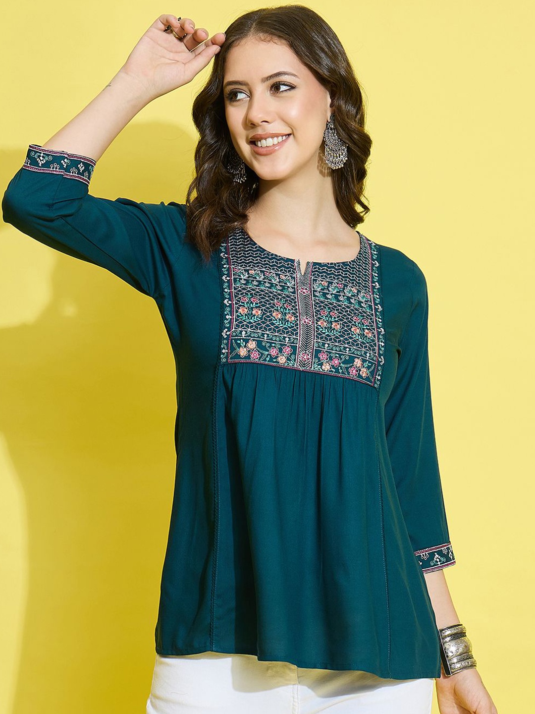 

Anouk Round Neck Ethnic Embroidered Top, Teal