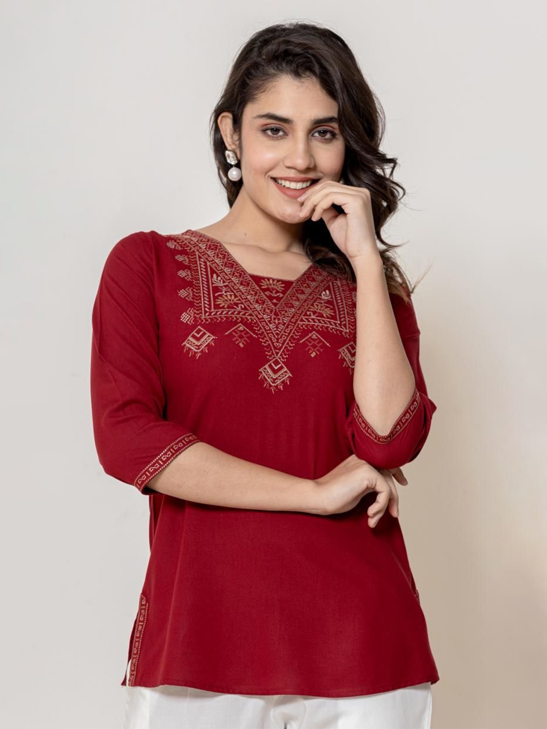 

Anouk V-Neck Embroidered Ethnic Top, Maroon