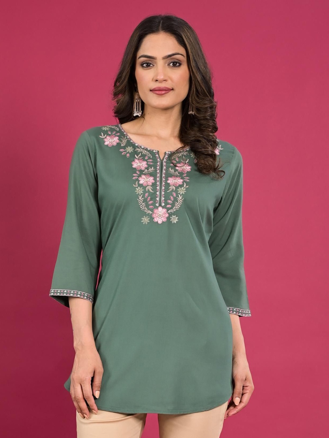 

Anouk V-Neck Embroidered Ethnic Top, Green