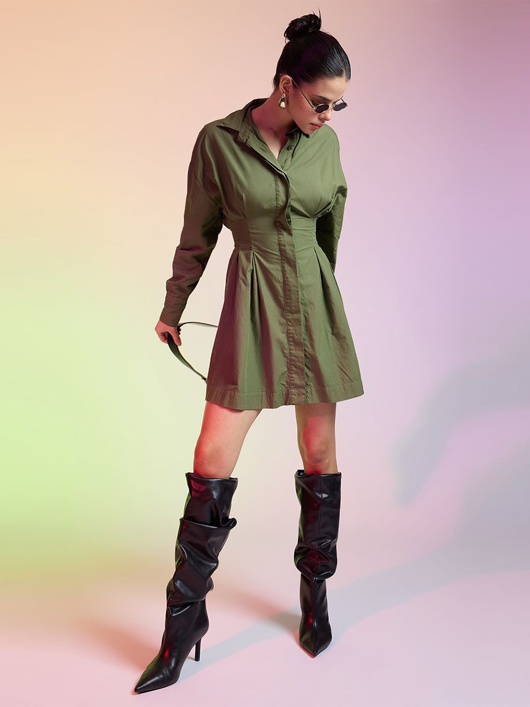 

FREAKINS Women Cotton Cuffed Sleeves Shirt Dress, Olive